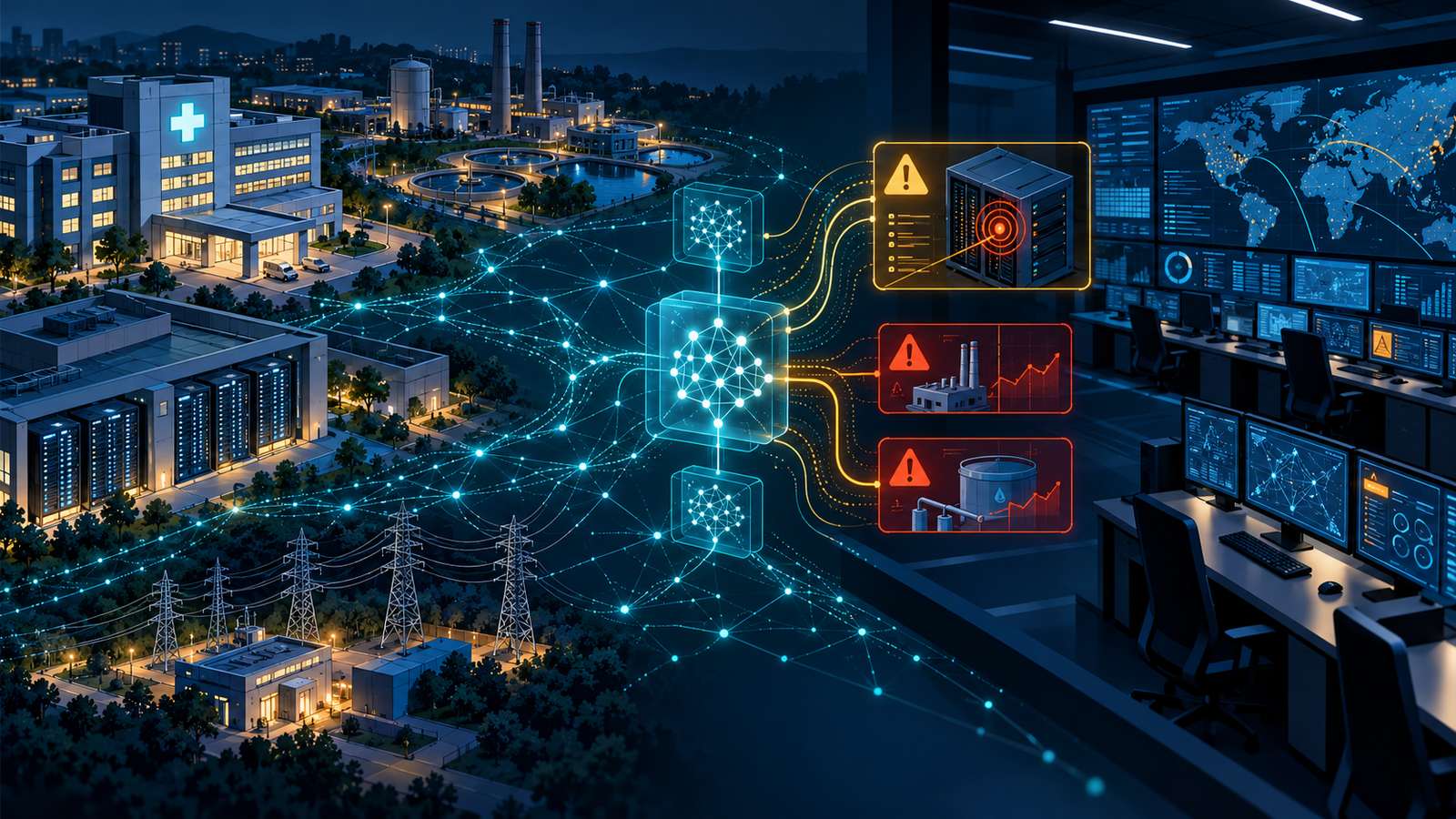 Concept illustration connecting civilian infrastructure with a cyber security operations centre