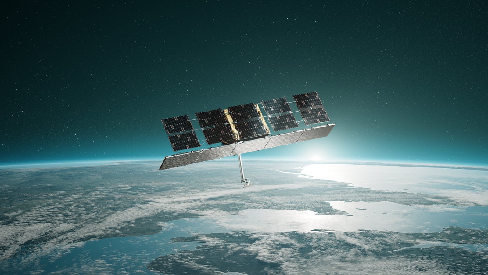 Artist's impression of an ICEYE radar satellite, antenna panel and solar panels deployed, above the Earth
