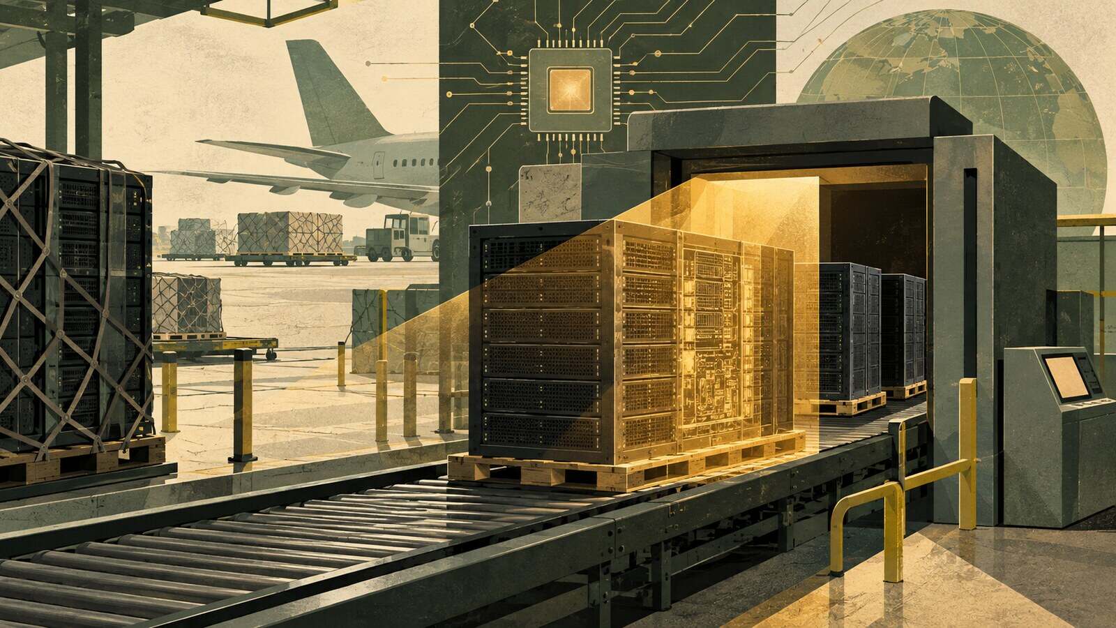 Conceptual illustration of servers and airport cargo inspection, with no documentary link to the reported seizure
